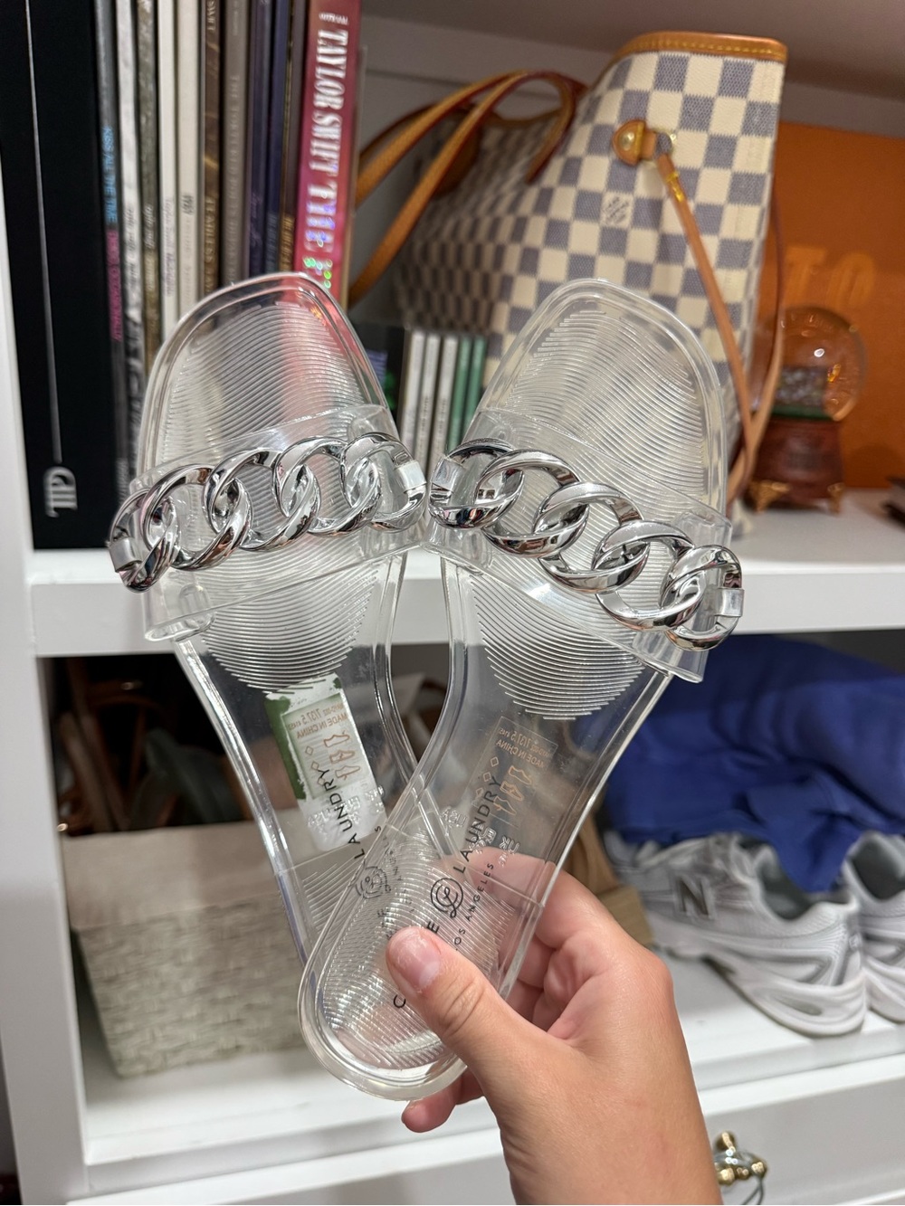 Chinese Laundry Clear Slide Sandals with Silver Chain Accent